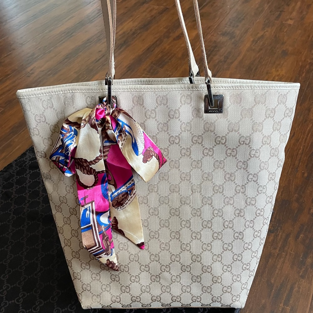 Authentic Gucci GG Tote Bag, Cream, Canvas/Leather